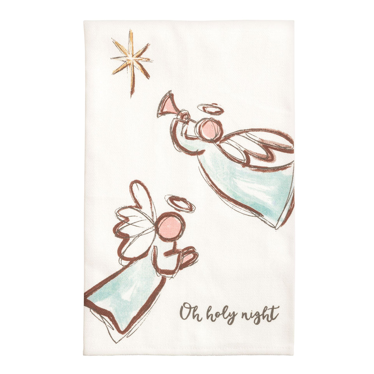 Mud Pie cotton kitchen towel with two illustrated angels reading Oh Holy Night