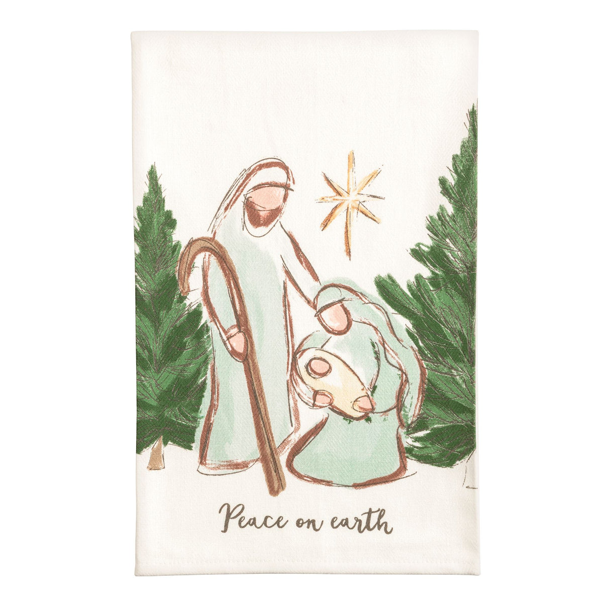 Mud Pie cotton kitchen towel with illustrated nativity reading Peace On Earth