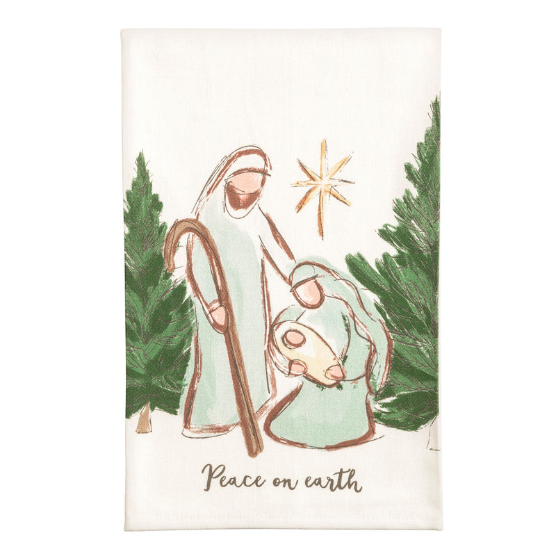 Mud Pie cotton kitchen towel with illustrated nativity reading Peace On Earth
