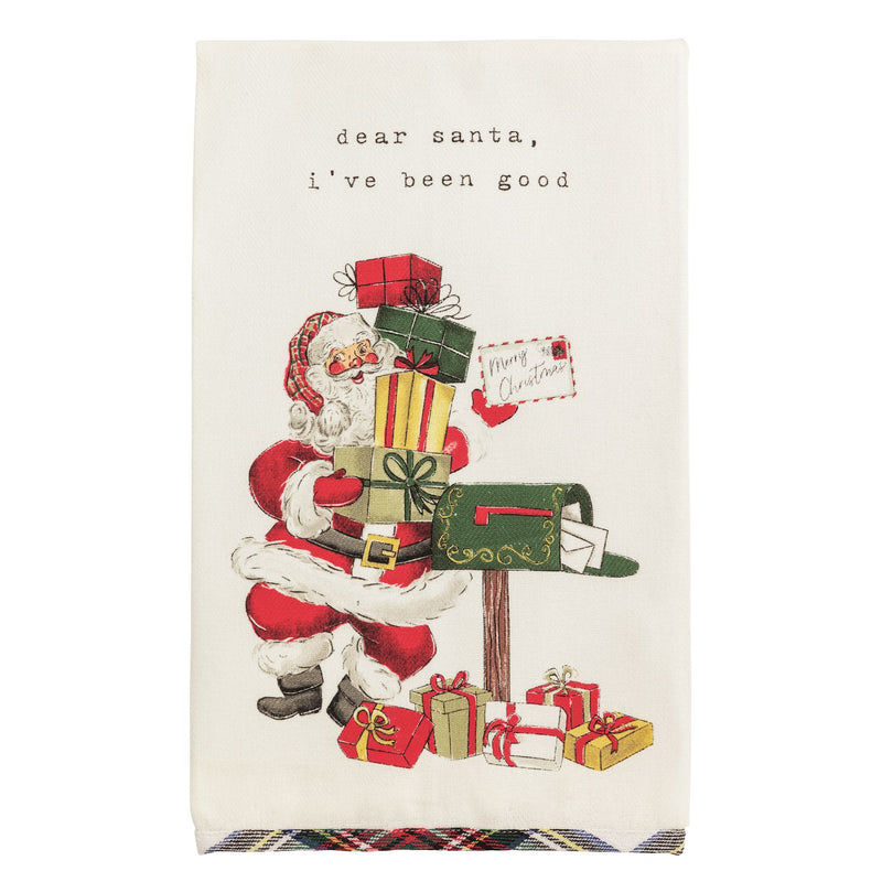 Mud Pie kitchen towel with Santa at a mailbox reading Dear Santa I've Been Good