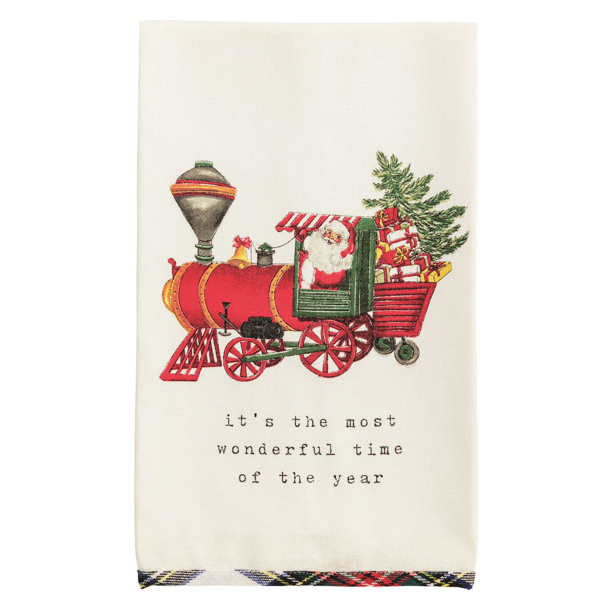 Mud Pie kitchen towel with Santa driving a Christmas train and tartan hem
