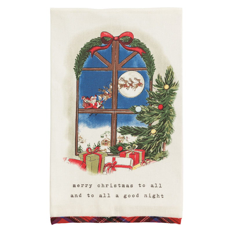 Mud Pie kitchen towel with window scene of Santa's sleigh and tartan hem