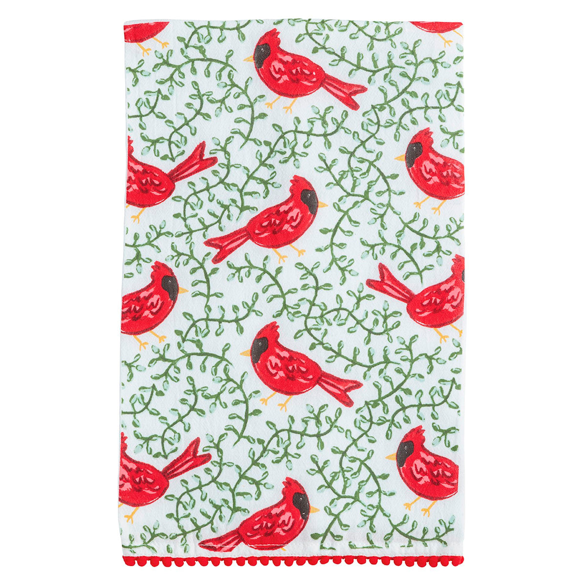 Mud Pie cotton towel with repeating cardinal and holly print and red pom trim