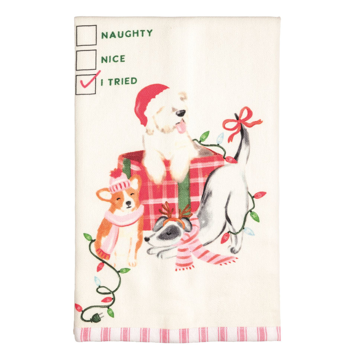 Mud Pie Christmas pet towel with Naughty Nice I Tried checklist and dogs in lights