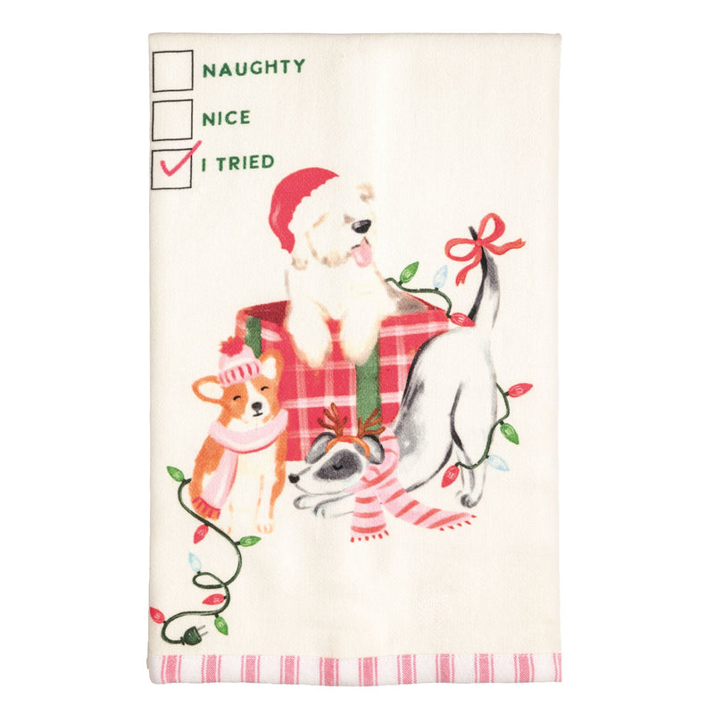 Mud Pie Christmas pet towel with Naughty Nice I Tried checklist and dogs in lights