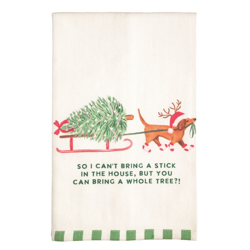 Mud Pie Christmas pet towel with dachshund pulling a tree on a sled
