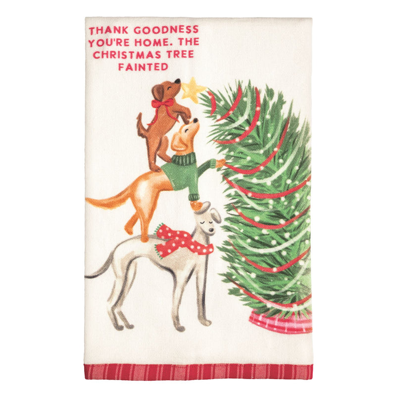 Mud Pie Christmas pet towel with dogs and a fallen tree reading The Christmas Tree Fainted