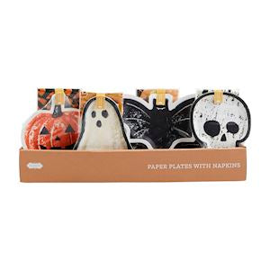 Halloween paper plate and napkin party set in ghost, bat, pumpkin, and skull designs
