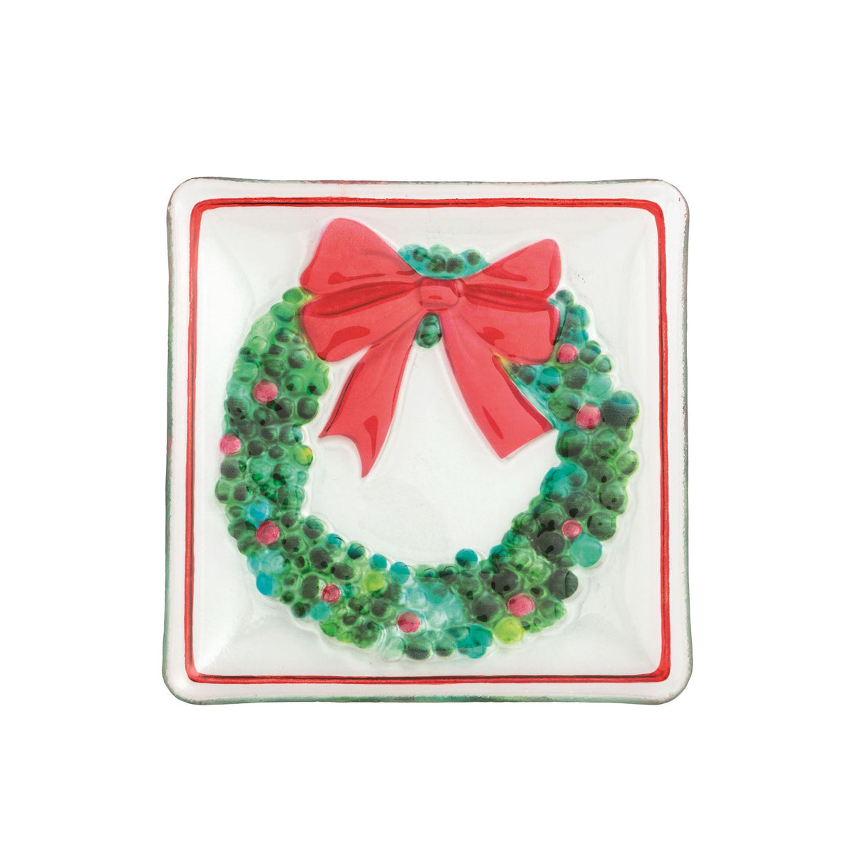 Mud Pie square fused glass plate with hand-painted green wreath and red bow