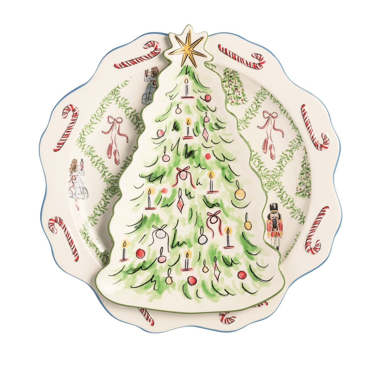 Mud Pie nesting scalloped trays painted with a nutcracker Christmas tree