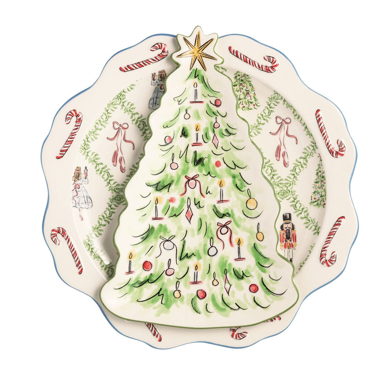Mud Pie nesting scalloped trays painted with a nutcracker Christmas tree