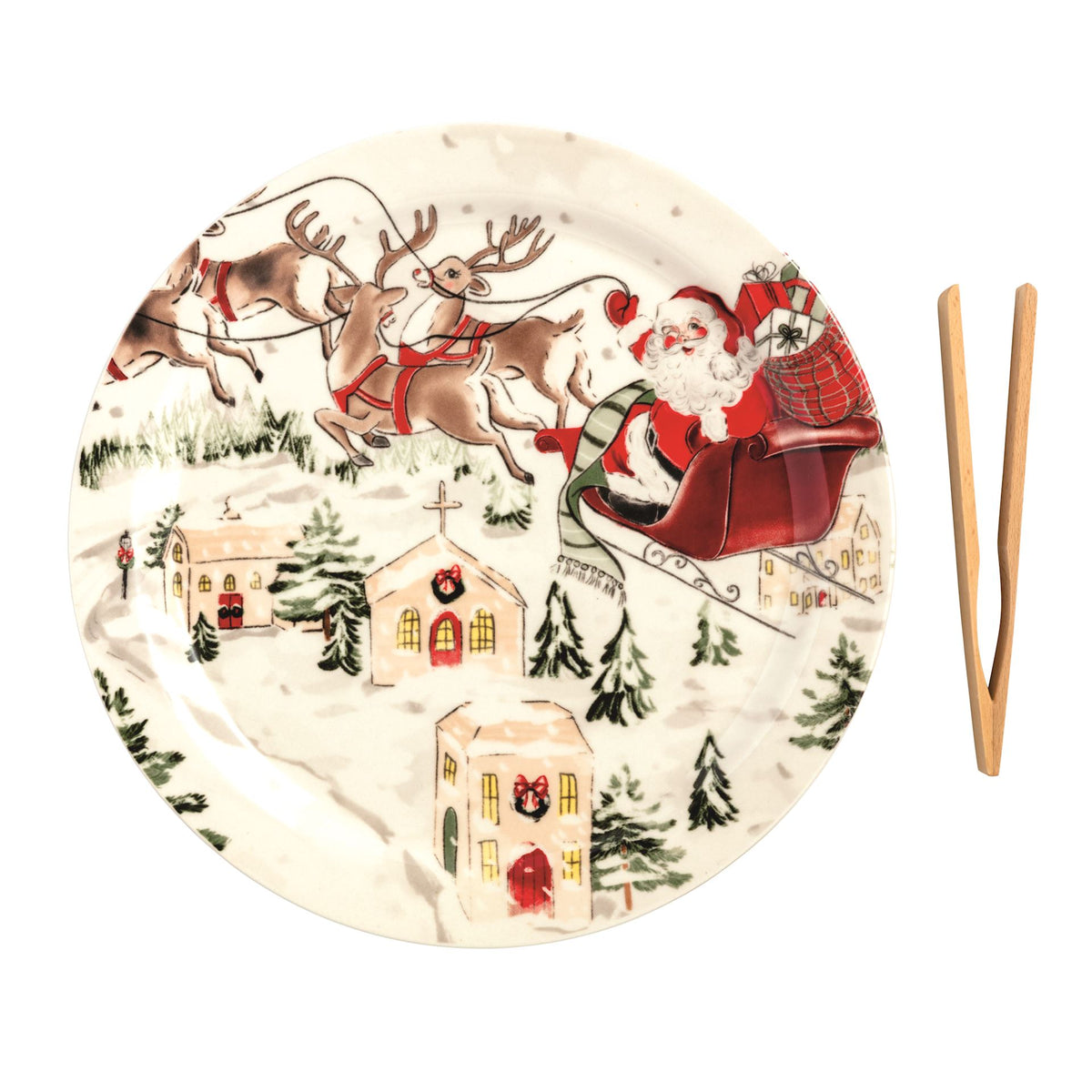 Mud Pie painted platter with Santa sleigh over a snowy village and wooden tongs