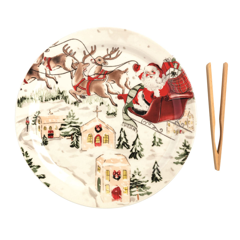 Mud Pie painted platter with Santa sleigh over a snowy village and wooden tongs