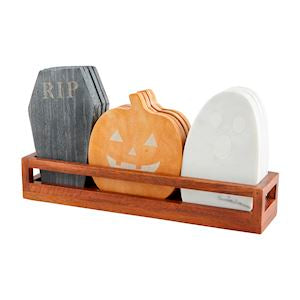 Engraved white marble Halloween serving board with a ghost design
