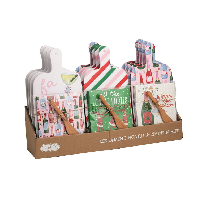 Mud Pie holiday bar melamine board and napkin sets in kraft displayer