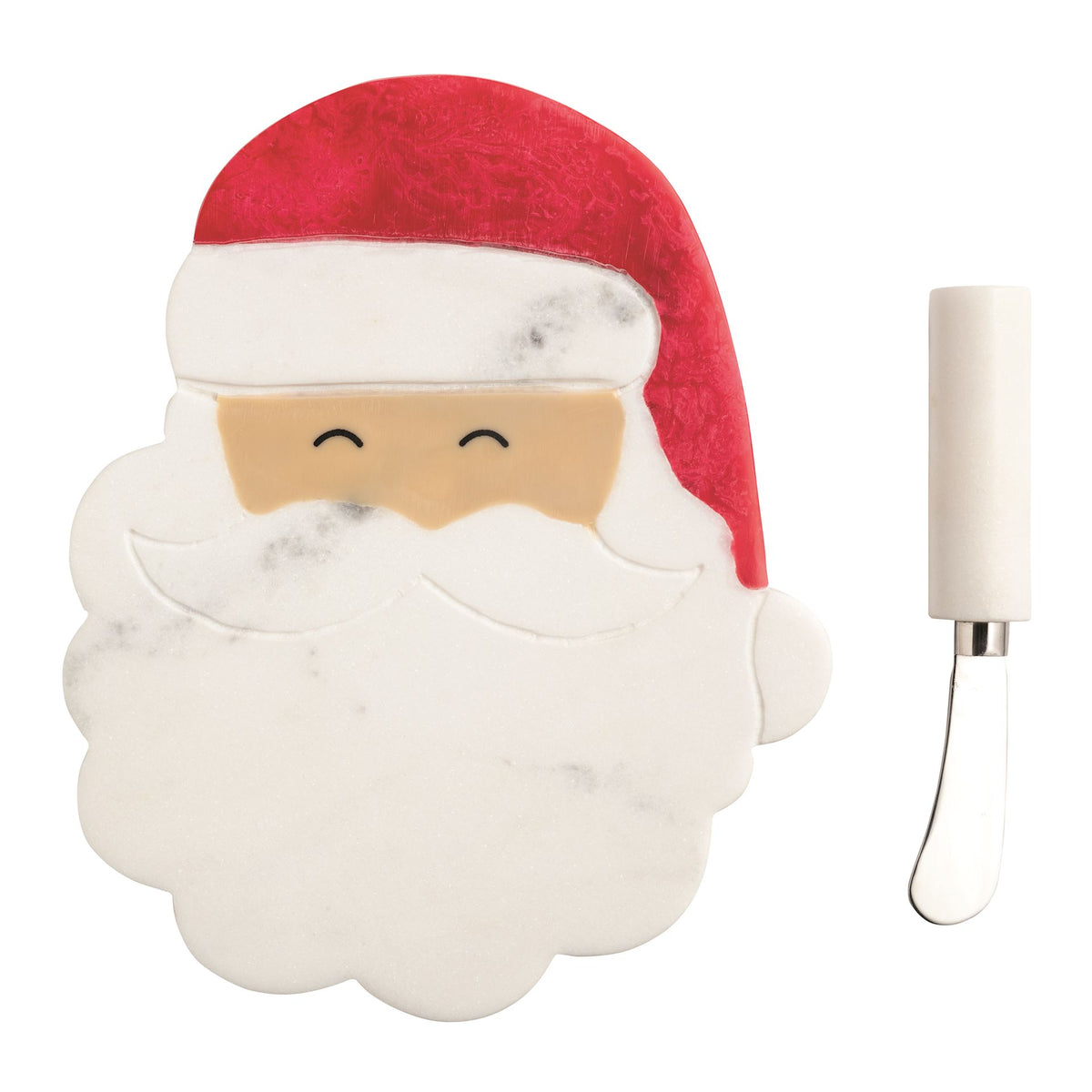 Mud Pie Santa shaped white marble cheese board with red felt hat and spreader