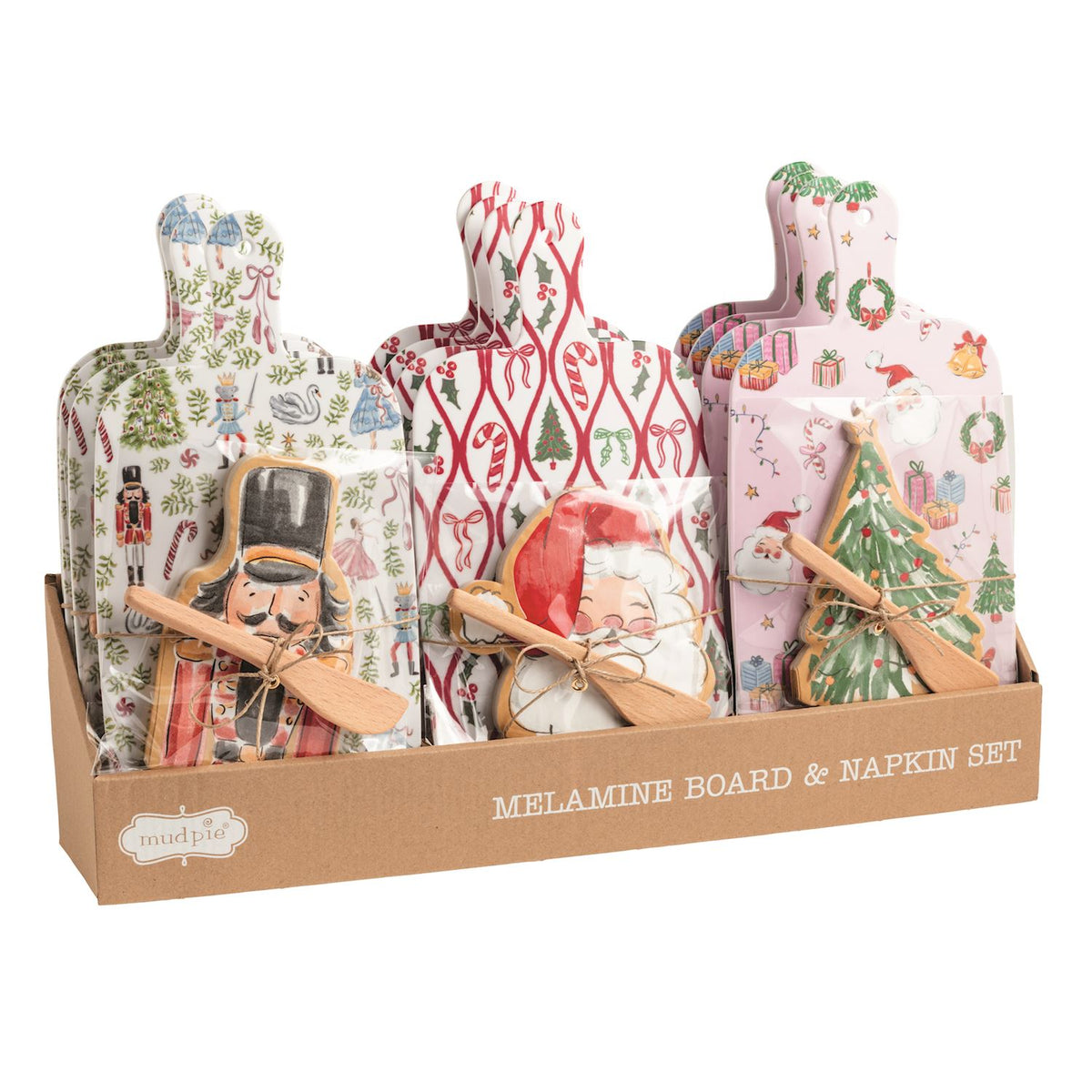 Mud Pie Christmas melamine board and napkin sets with figural spreaders in kraft displayer