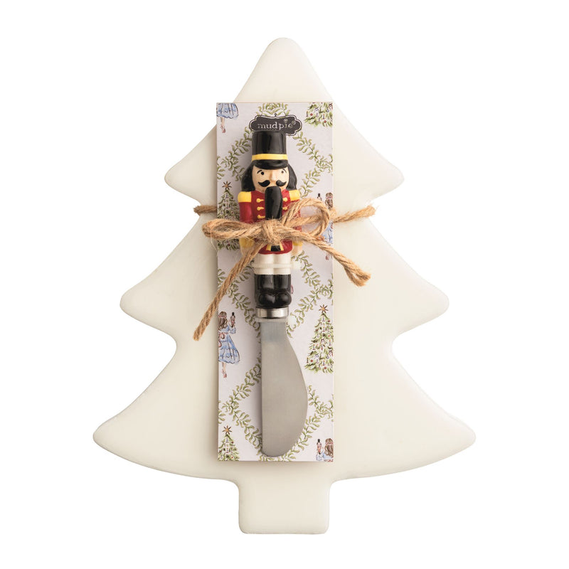 Mud Pie cream enamel Christmas tree board with nutcracker handled spreader