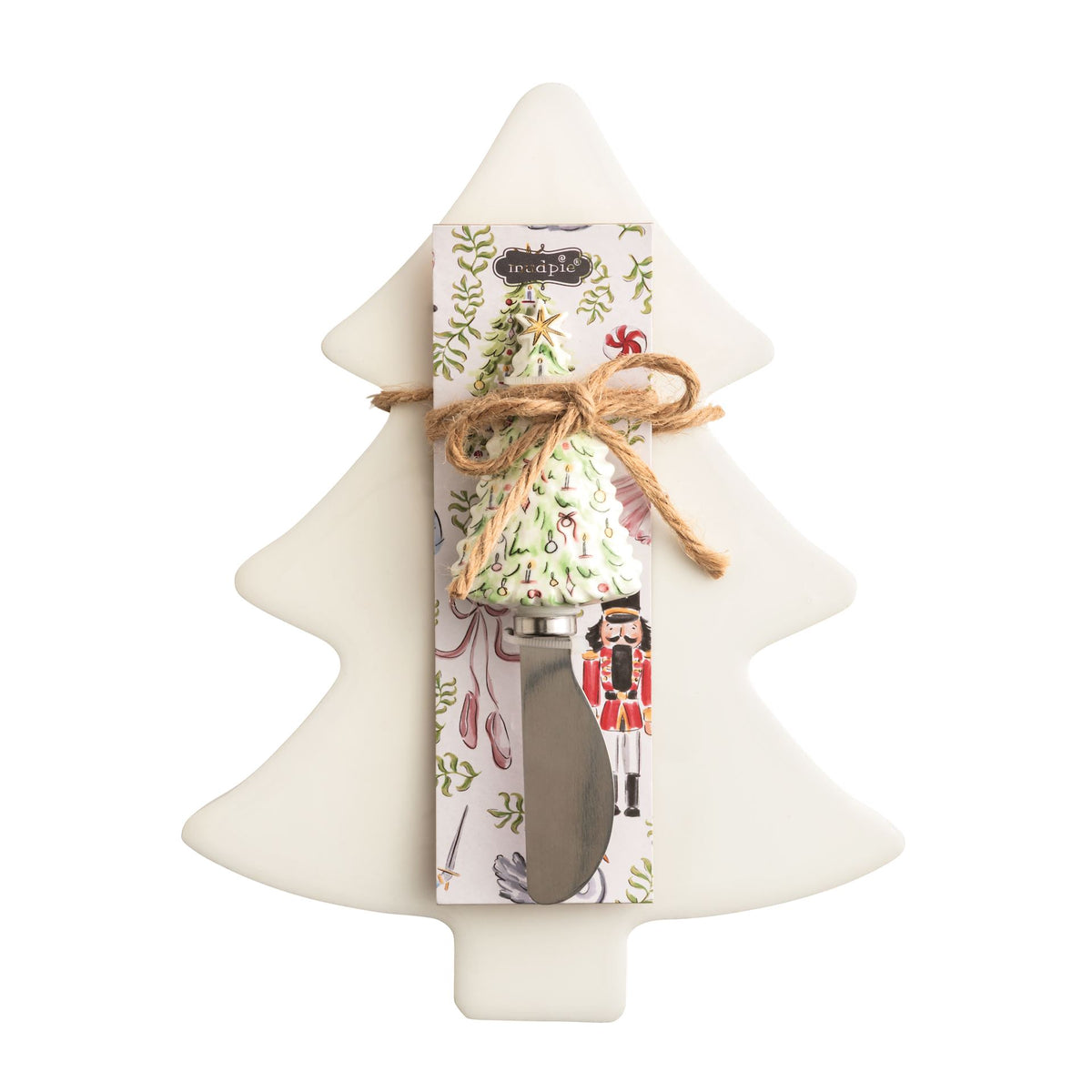 Mud Pie cream enamel Christmas tree board with tree handled spreader tied with twine