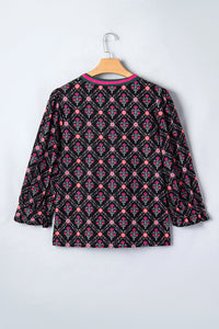 Caroline - Black Vintage Floral Blouse - Contrast V-Neck Bracelet Sleeve Top