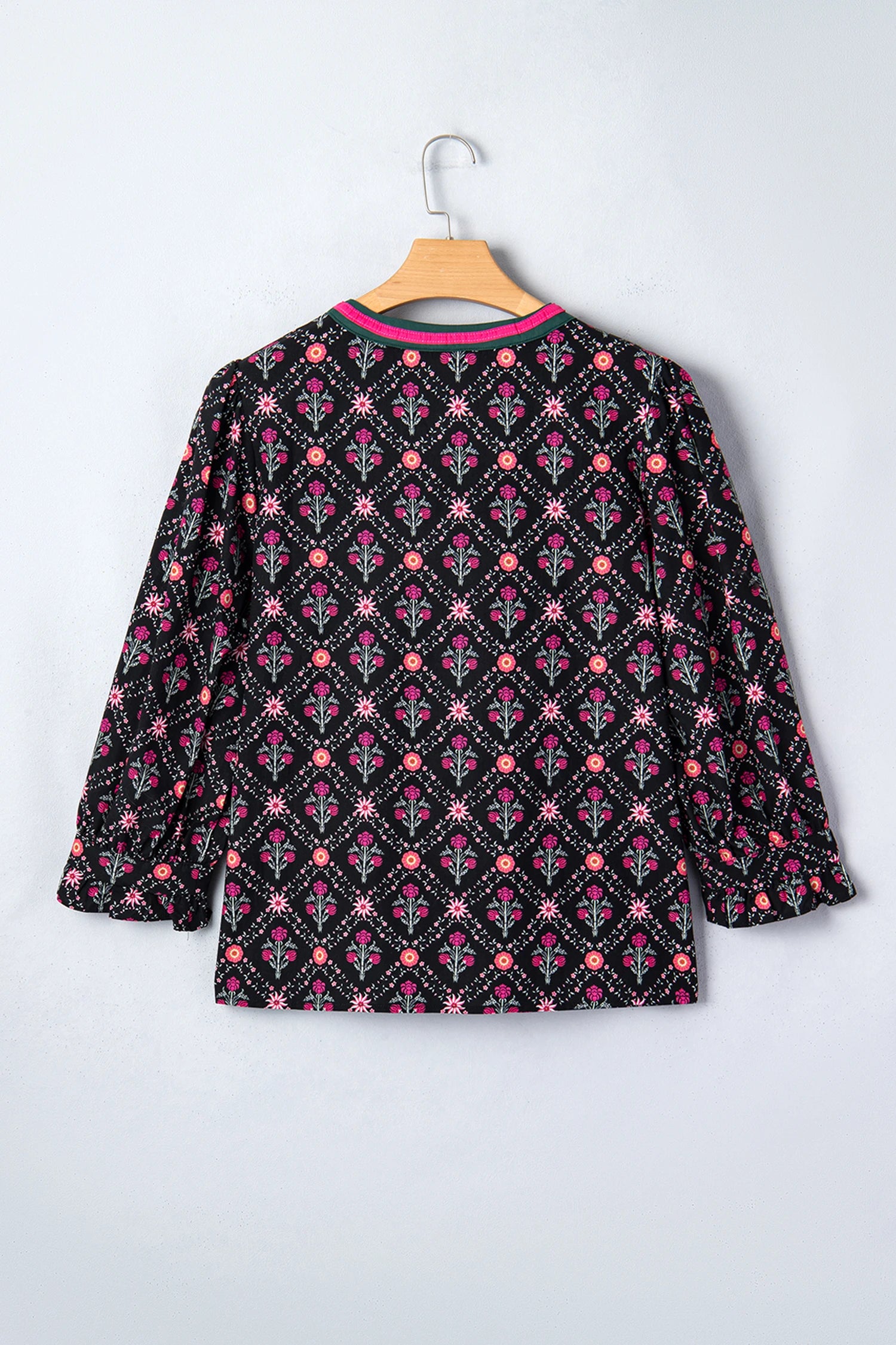 Caroline - Black Vintage Floral Blouse - Contrast V-Neck Bracelet Sleeve Top