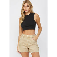 Tan High-Rise Frayed Hem Carpenter Shorts