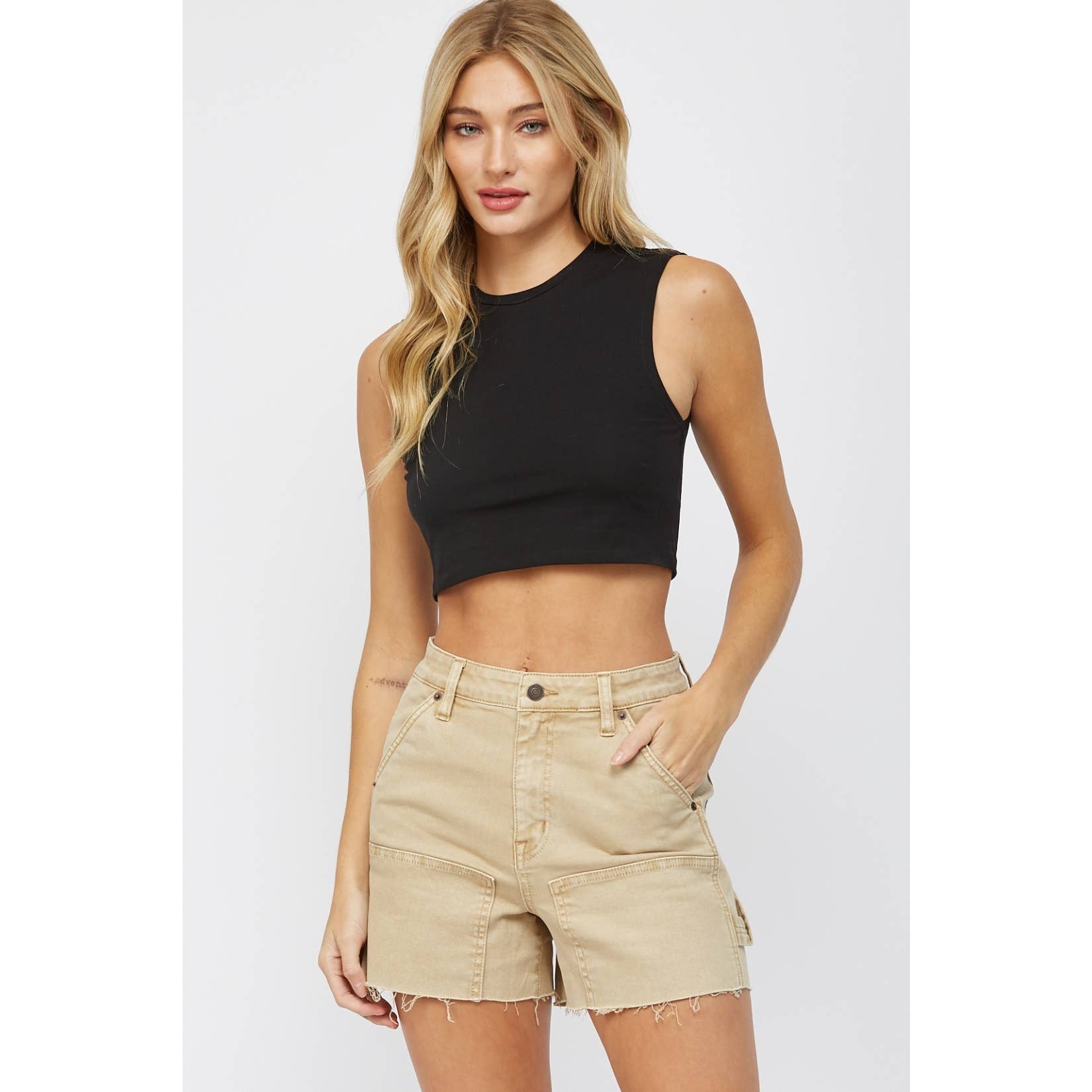 Tan High-Rise Frayed Hem Carpenter Shorts