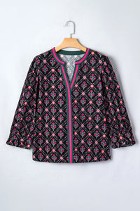 Caroline - Black Vintage Floral Blouse - Contrast V-Neck Bracelet Sleeve Top