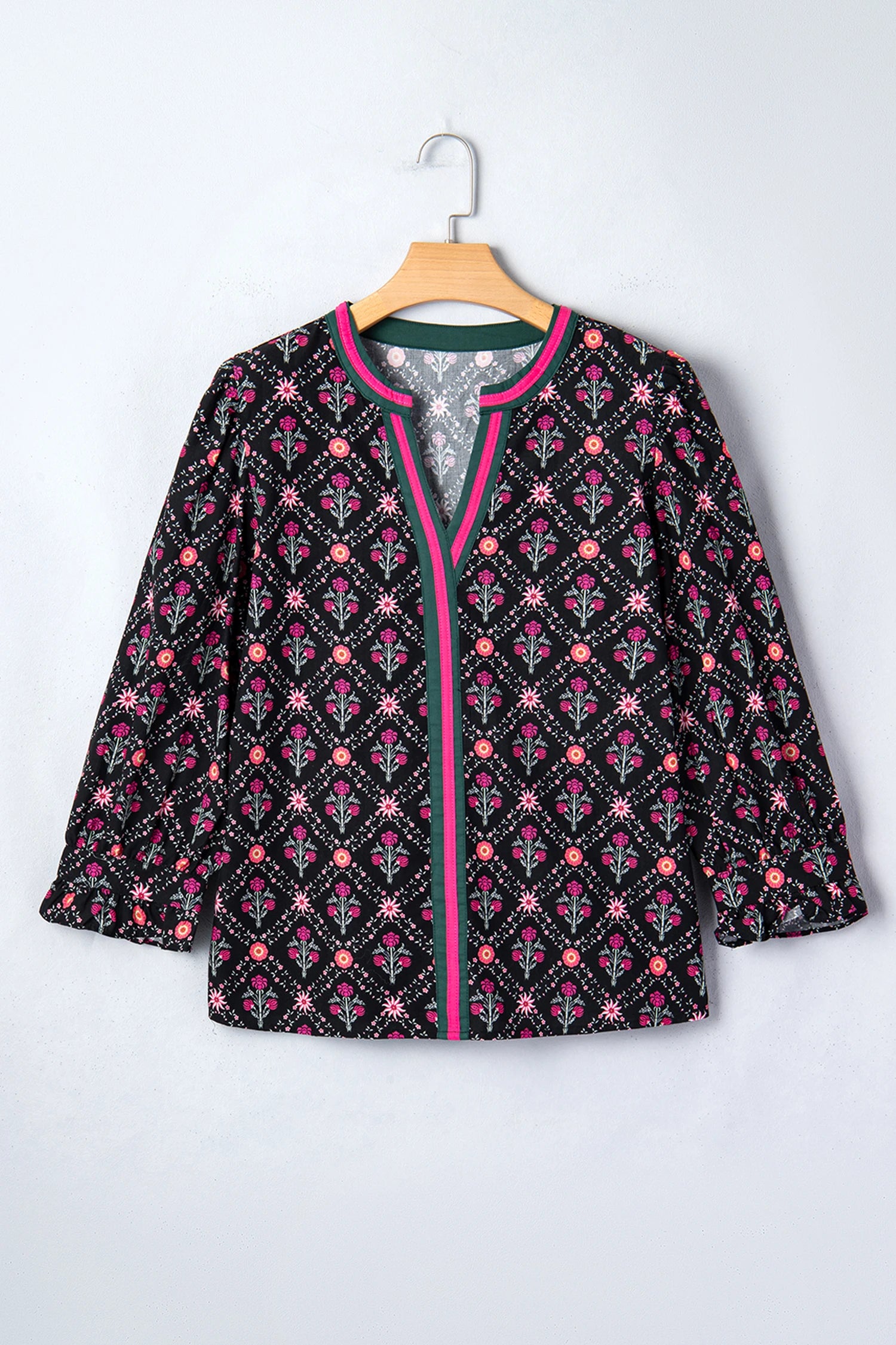 Caroline - Black Vintage Floral Blouse - Contrast V-Neck Bracelet Sleeve Top