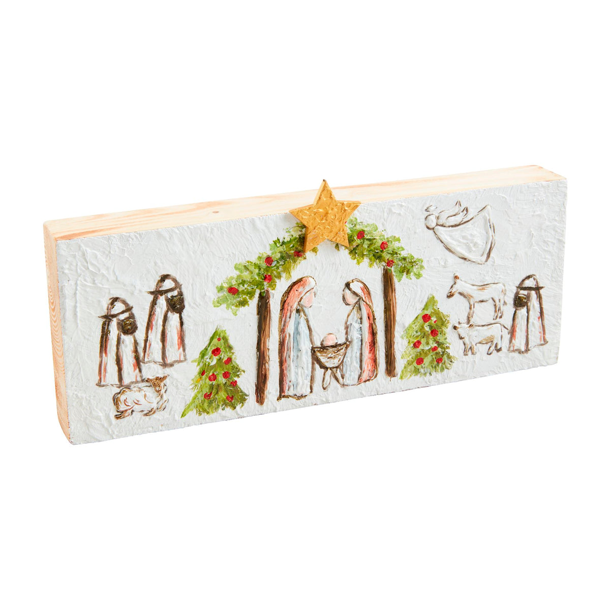 Mud Pie whitewashed wood nativity plaque with painted Holy Family and gold star