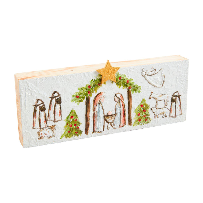 Mud Pie whitewashed wood nativity plaque with painted Holy Family and gold star