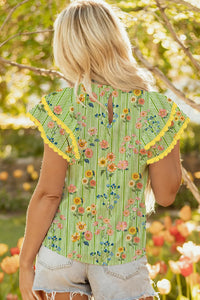 Rochelle - Green Floral Printed Ruffle Short Sleeve Blouse