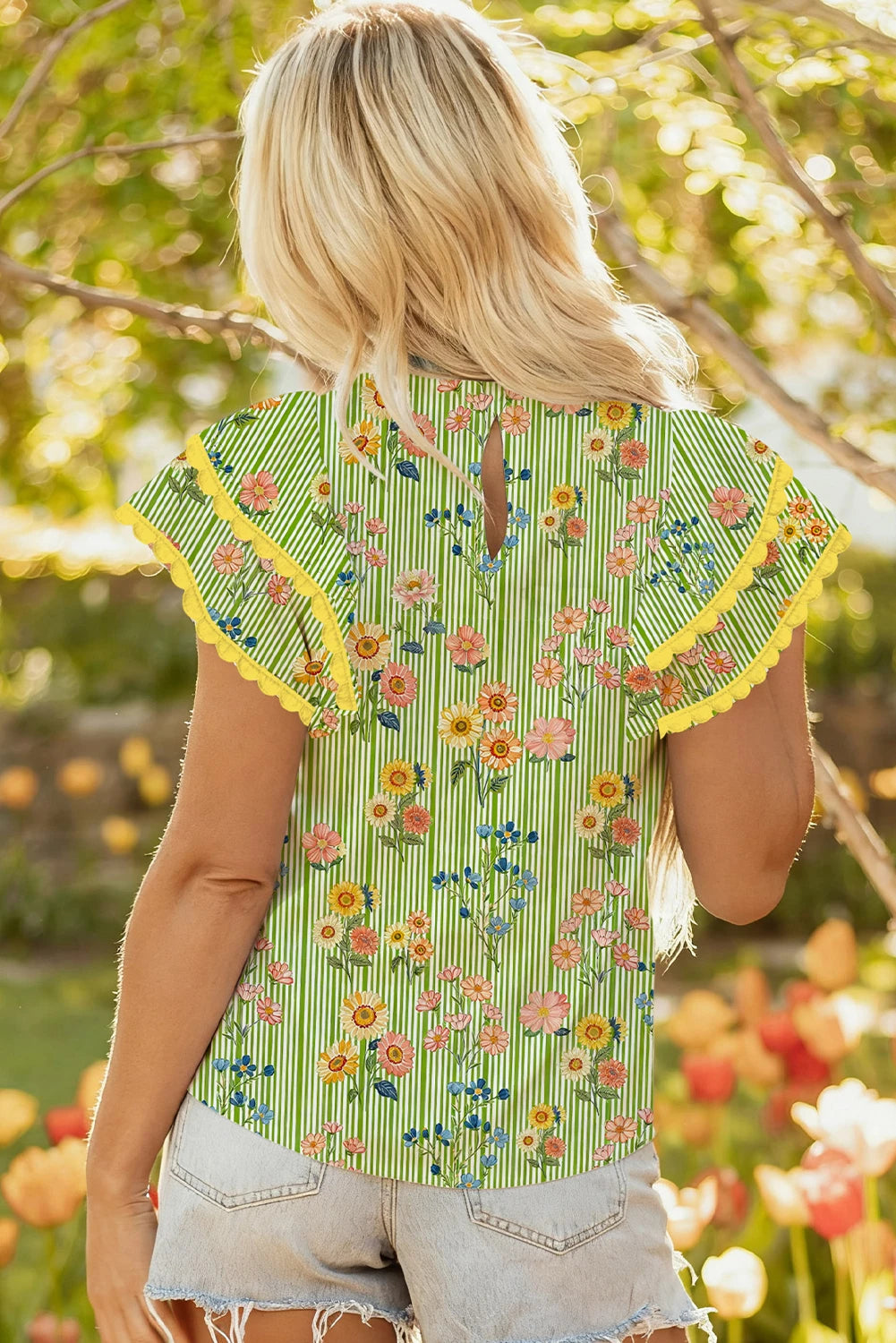 Rochelle - Green Floral Printed Ruffle Short Sleeve Blouse