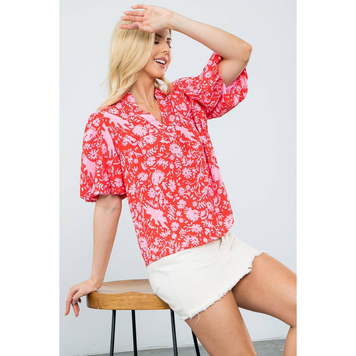 Angela - Puff Sleeve Flower Print Top