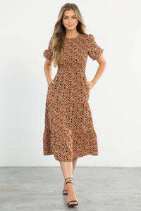Agnes-Smocked Floral Print Midi Dress