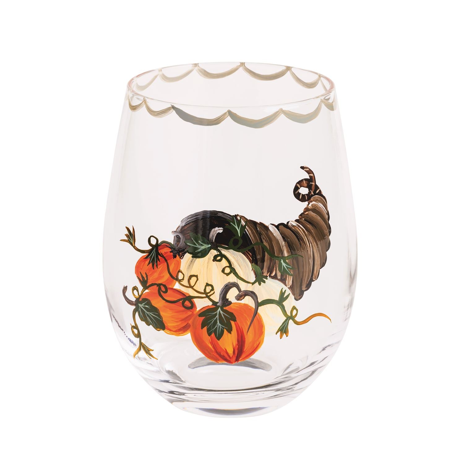 Cornucopia Painted Wine Glass – Stemless with Hand-Painted Rim