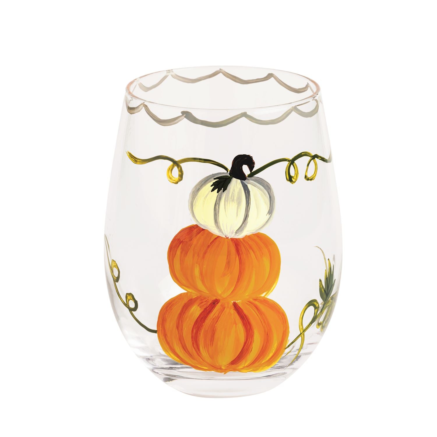 Stacked Pumpkin Painted Wine Glass – Stemless with Hand-Painted Rim