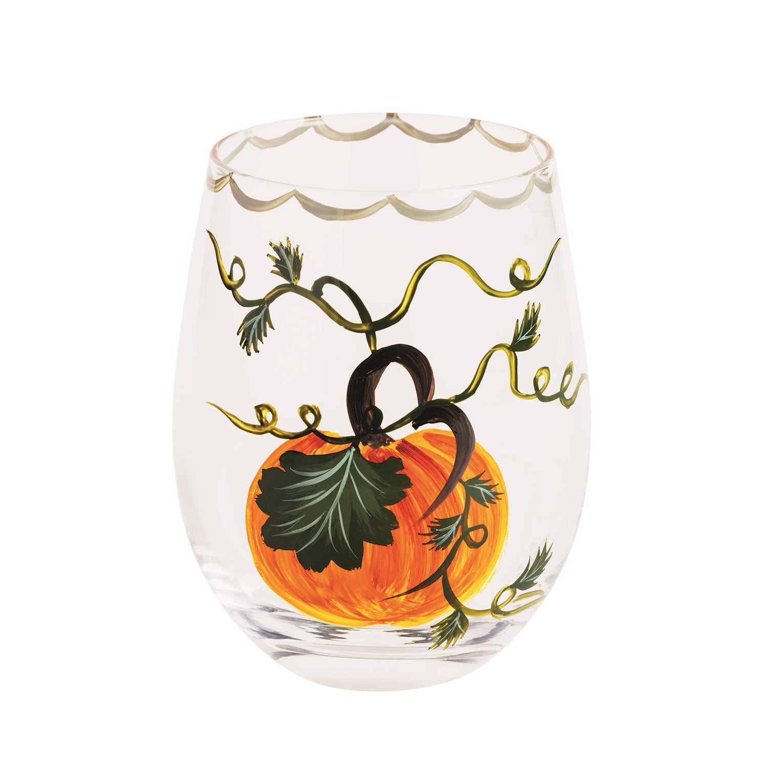 Single Pumpkin Painted Wine Glass – Stemless with Hand-Painted Rim