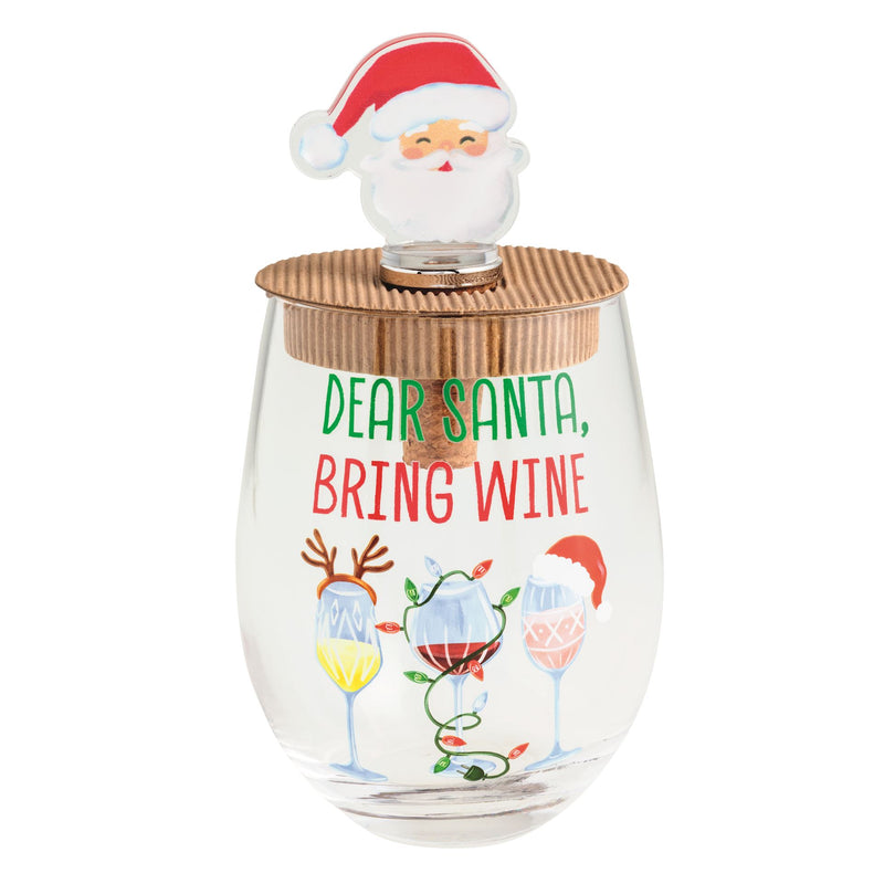 Mud Pie Dear Santa Bring Wine stemless wine glass with wooden lid and Santa stopper