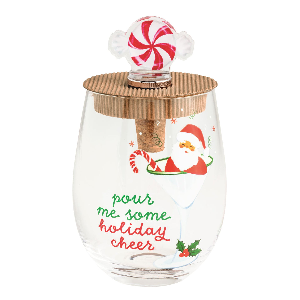 Mud Pie Pour Me Some Holiday Cheer stemless wine glass with peppermint swirl stopper