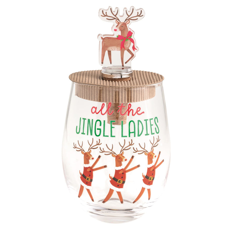 Mud Pie All The Jingle Ladies stemless wine glass with wooden lid and reindeer stopper