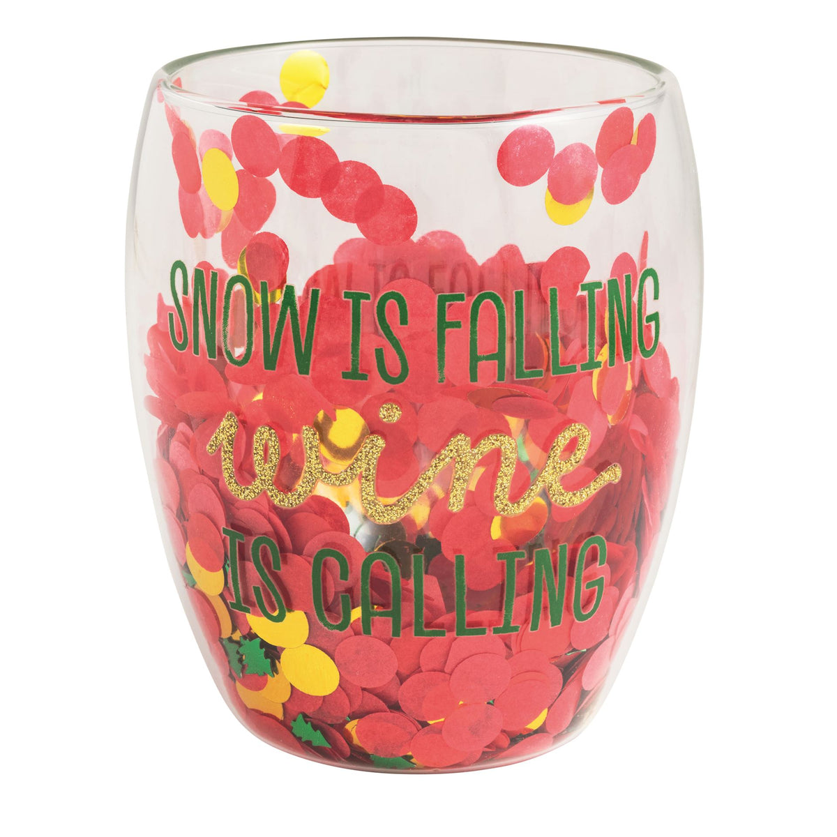 Mud Pie double wall confetti wine glass reading Snow Is Falling Wine Is Calling