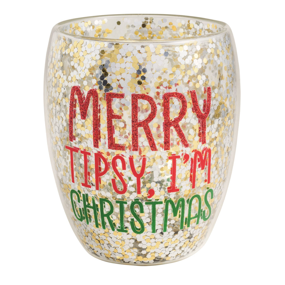 Mud Pie double wall confetti wine glass reading Merry Tipsy I'm Christmas