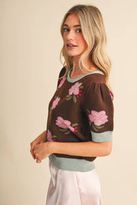 SAVANNA - FLORAL KNIT SHORT SLEEVE SWEATER
