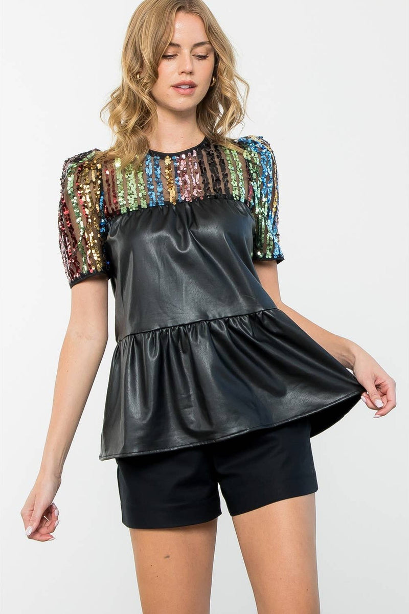 Sequin Detail Tiered Leather Top