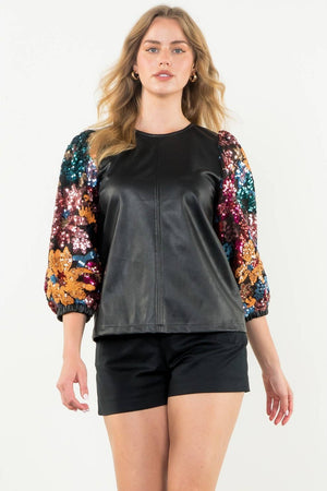 Sequin Sleeve Leather Top