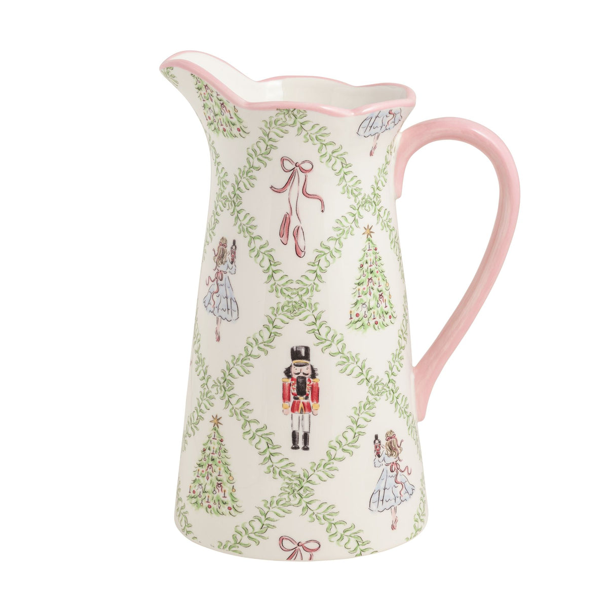 Mud Pie cream ceramic nutcracker pattern pitcher with pink handle