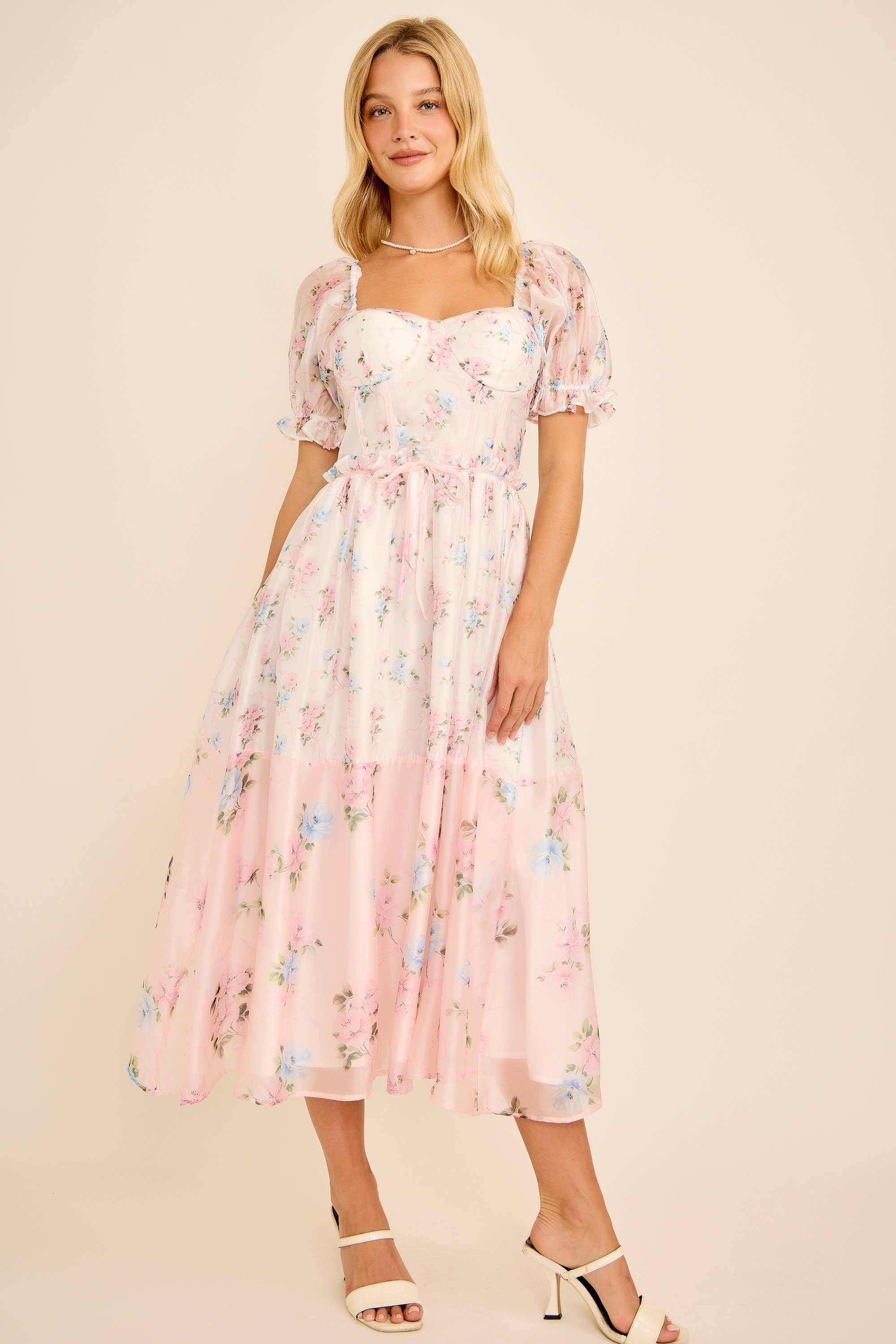 Cassy Floral print colorblock midi dress with puff short sleeves