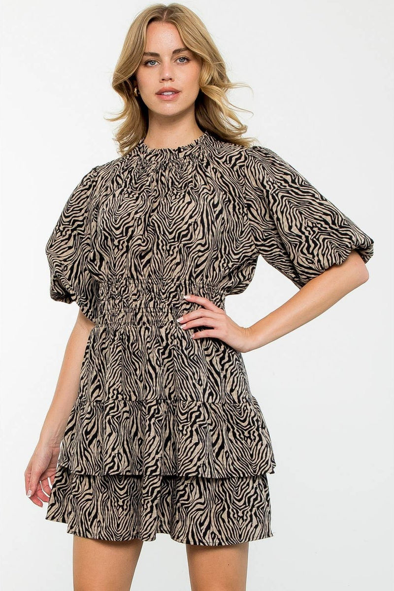 Puff Sleeve Zebra Print Dress