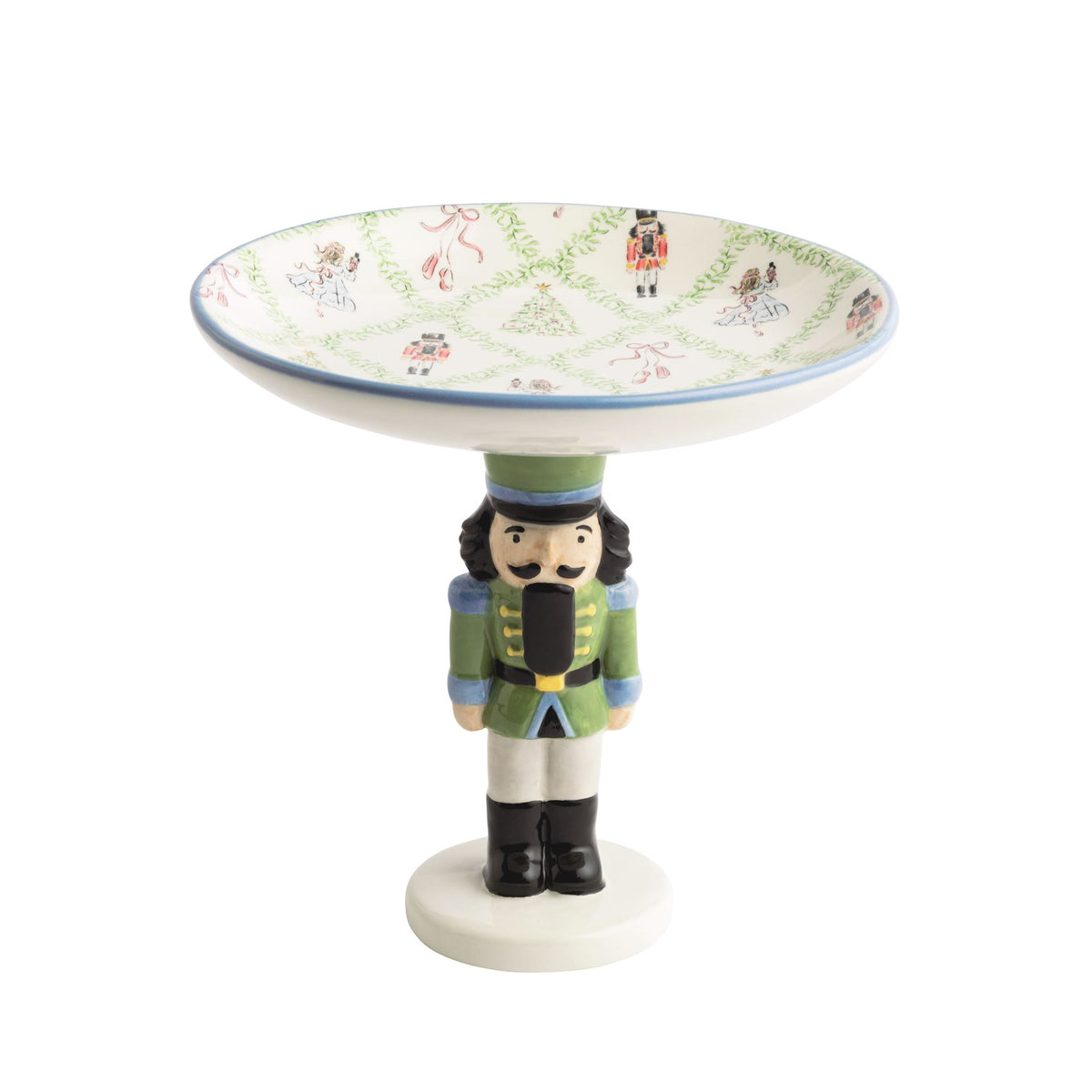 Mud Pie footed candy dish on a green nutcracker pedestal with blue rim
